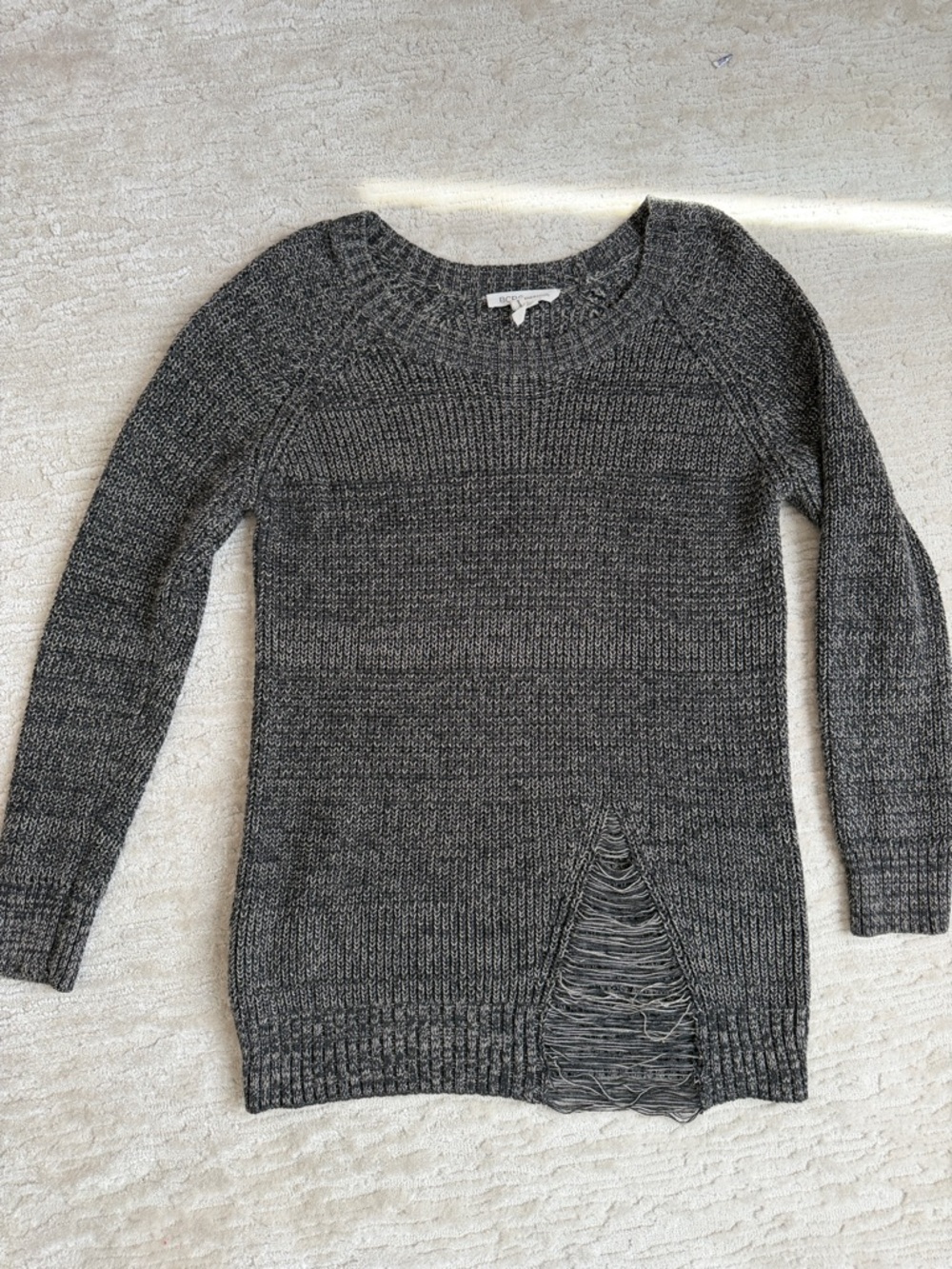 BCBGeneration Gray Scoop Neck Knit Sweater with Distressed V Detail